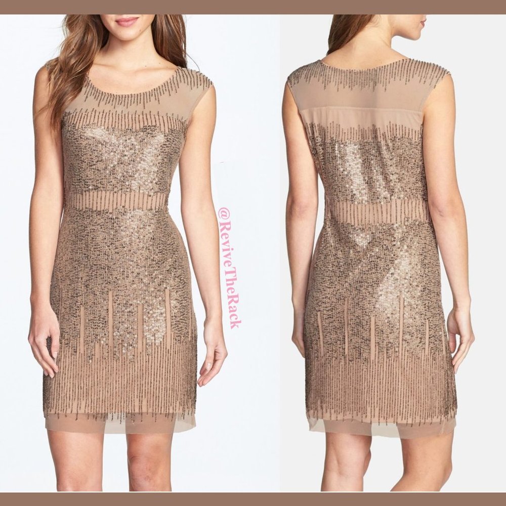 NEW Adrianna Papell Illusion Yoke Beaded Sheath Dress‎ in Taupe [ Size 6 ]